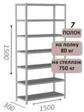 Стеллаж металлический полочный МС-750 1500х1500х300, 7 полок, светло-серый